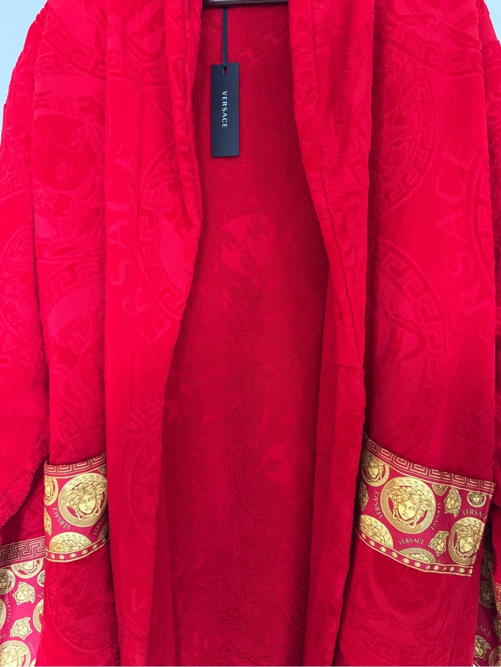 Versace Red Velvet Robe with Gold Medallion Trim - Picture 2 of 8